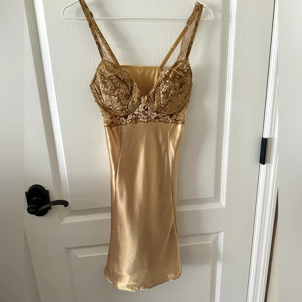 Victoria's Secret Vintage Gold Satin and Lace Bustier Slip Dress NWOT